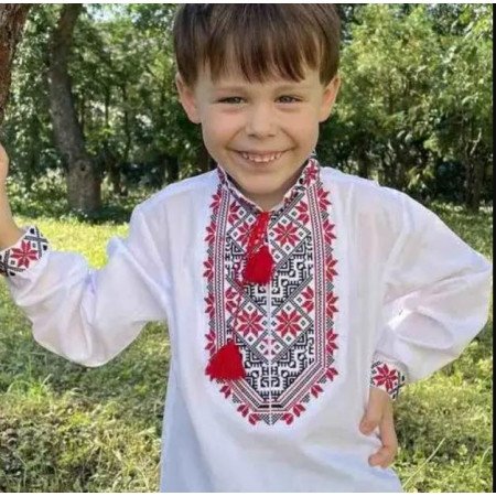 Вишиванка на хлопчика Максим з червоно-чорною вишивкою 