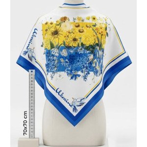 Жіноча шовкова хустка «Птахи миру та соняшники» (70×70 см)