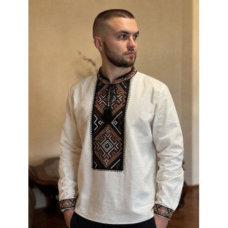 Мужская хлопковая вышиванка с геометрическим орнаментом, молочная