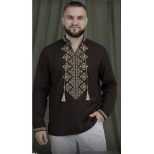 Вишита чоловіча сорочка коричнева вишиванка з бежевою вишивкою