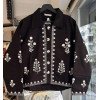 Женский вышитый пиджак черного цвета с белой вышивкой, классический жакет на пуговицах