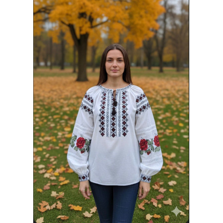 Вышиванка белая с яркой цветочной вышивкой и орнаментом